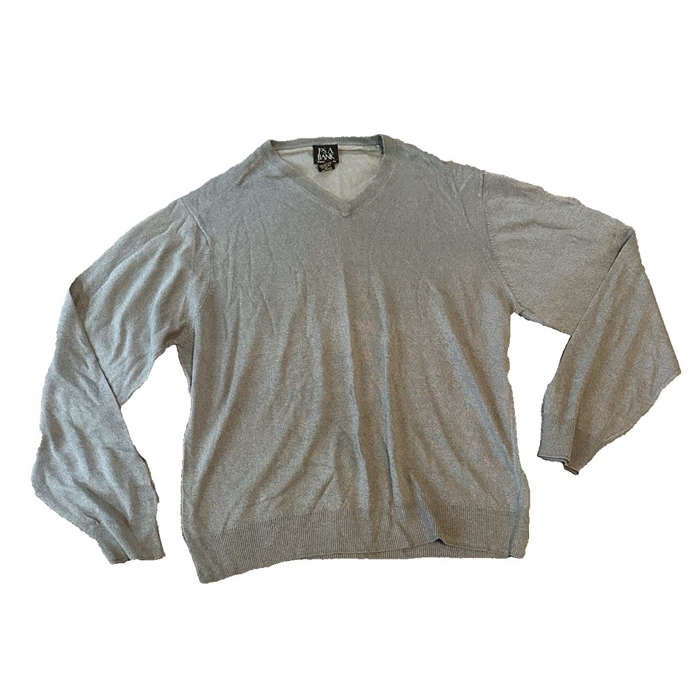 Jos A Bank Signature L 100% Silk Sweater Gray V-Neck Pullover Mens L Preppy